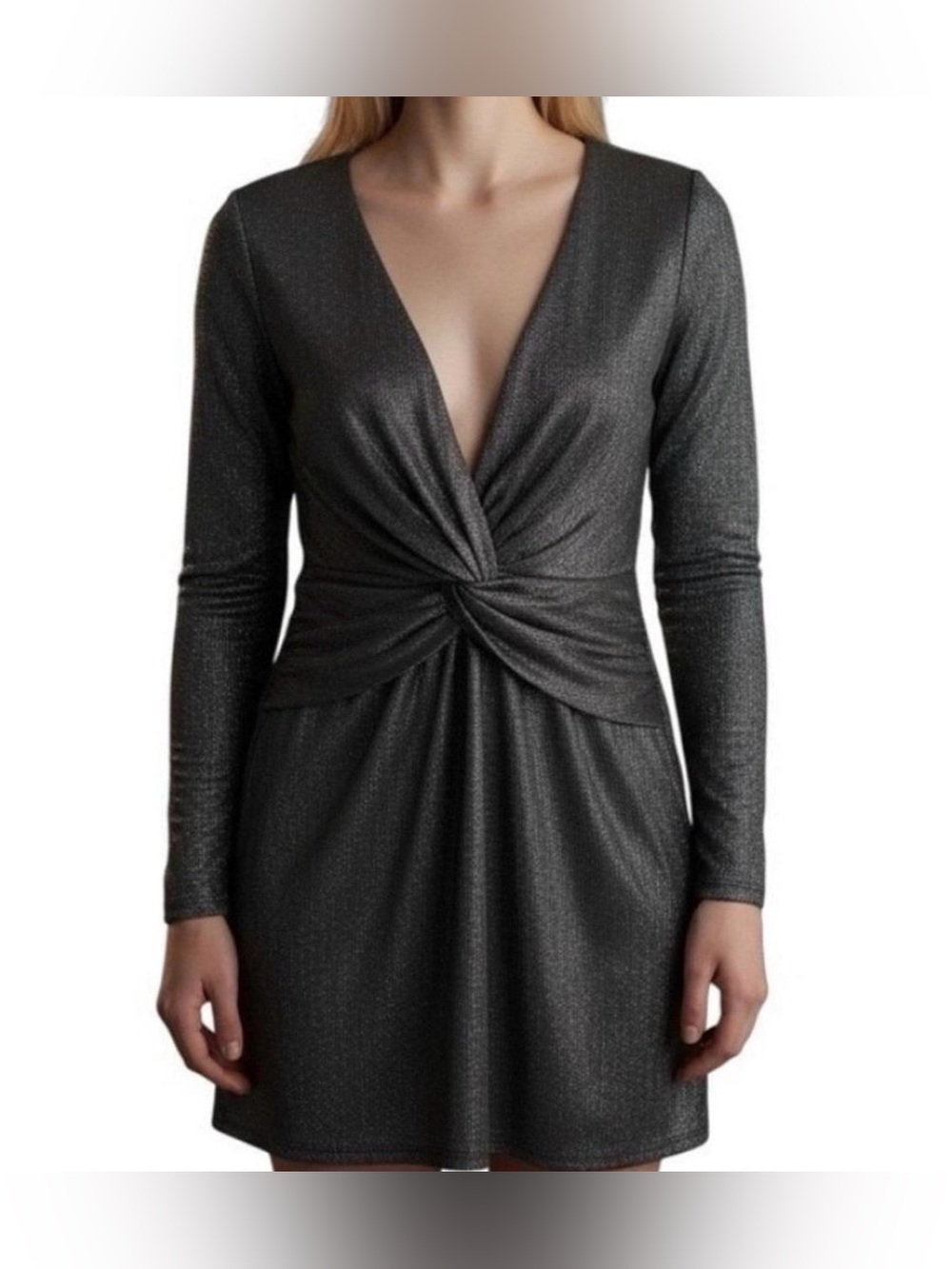 Altar’d State Dark Gray Metallic Long Sleeve Deep-V Twist Front Dress